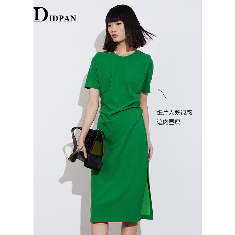 IDPAN女装品牌爆款夏季时尚修身显瘦高级感风琴褶设计短袖连衣裙