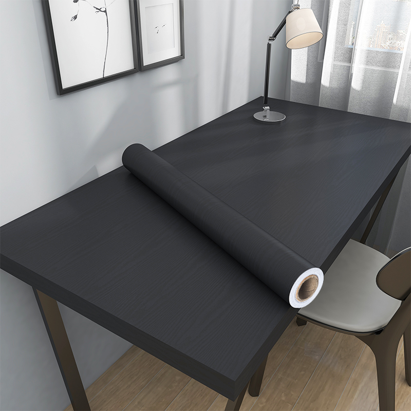 黑色贴纸壁纸防水自粘柜子翻新家具改色贴膜餐桌子桌面木纹桌贴纸