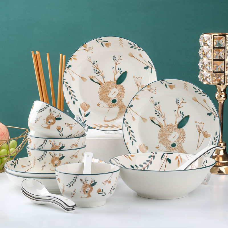 一鹿有你饭碗菜碟套装日式家用陶瓷餐具碗盘面碗汤碗情侣碗筷组合