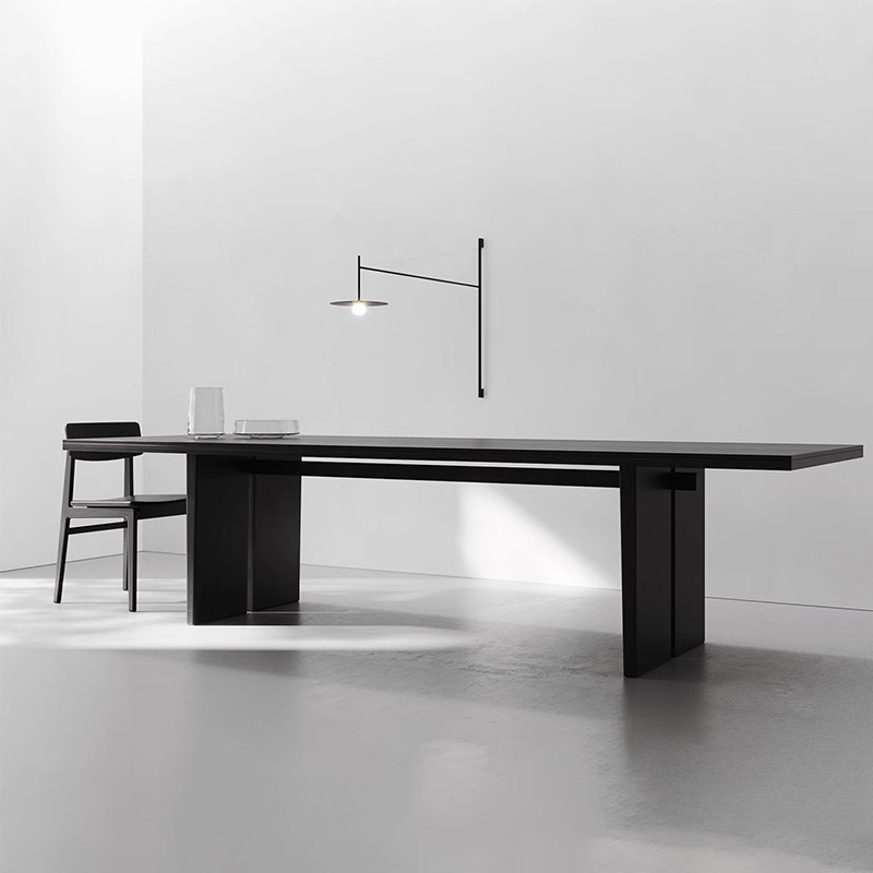 极简风全实木电脑书桌现代洽谈桌长条办公会议桌黑色大板桌工作台