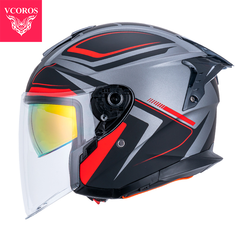 新VCOROS电动摩托车头盔男双镜片半盔女机车夏季三分之四头盔3C认