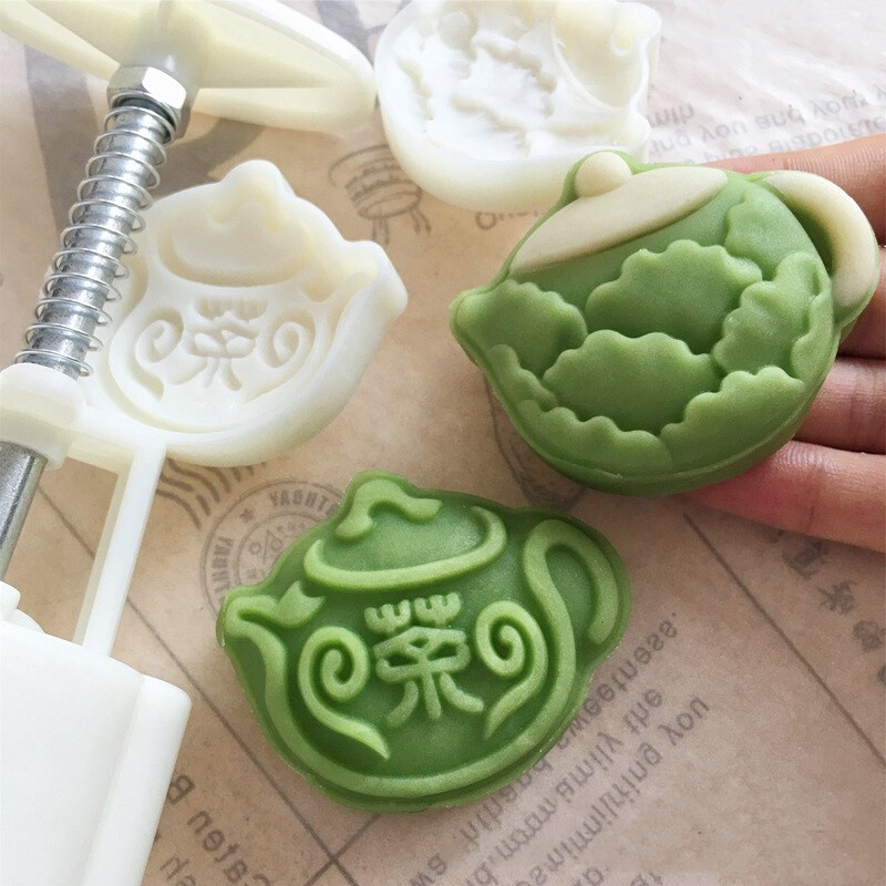 国潮风茶壶50-65g克立体月饼绿豆糕模具不粘广式手压塑料磨具制作