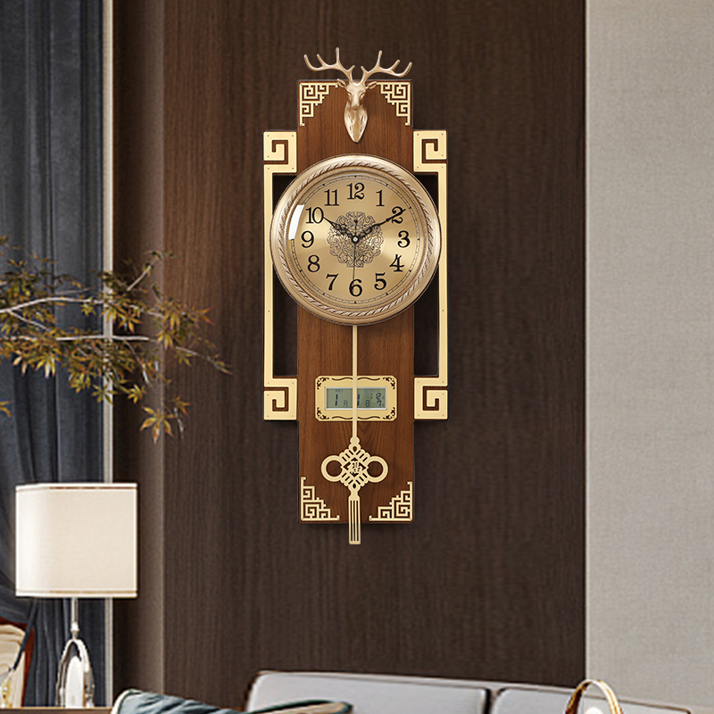 新中式黄铜鹿头挂钟万年历中国风古典钟表客厅墙壁装饰创意时钟