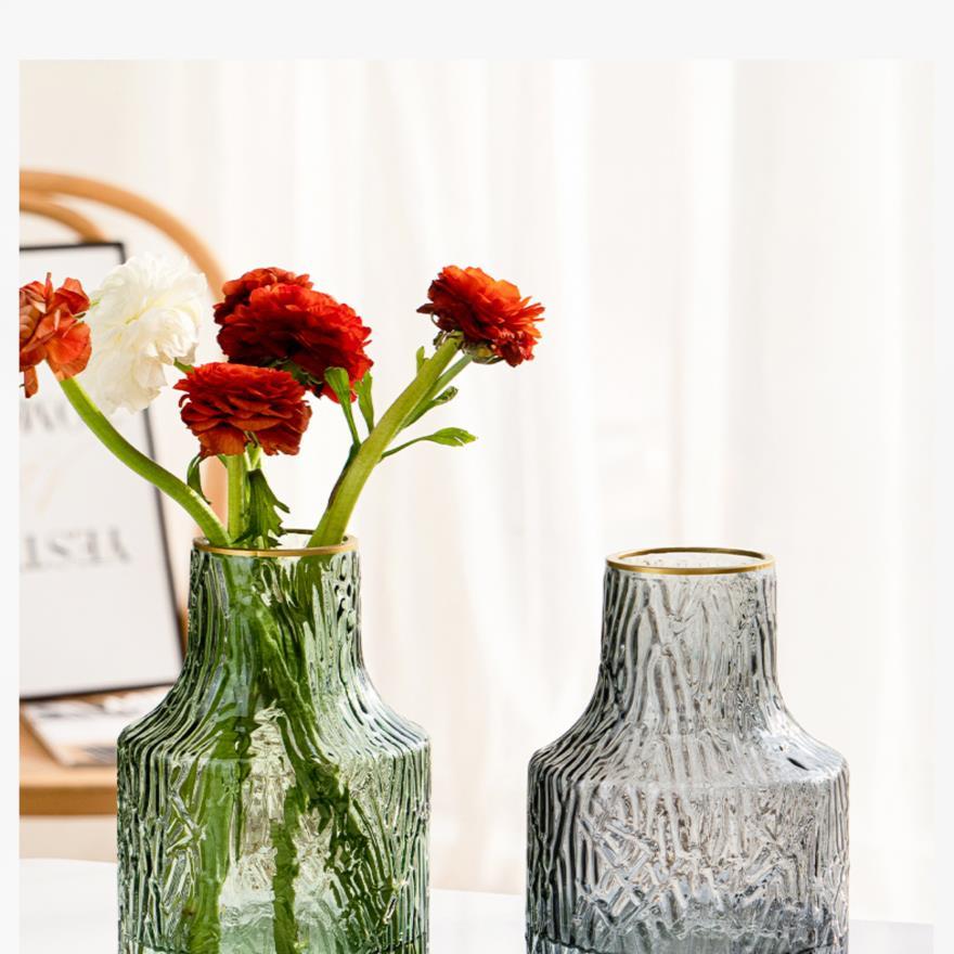 创意北欧轻奢玻璃花瓶透明描金客厅水养鲜花插花干花网红花瓶摆件