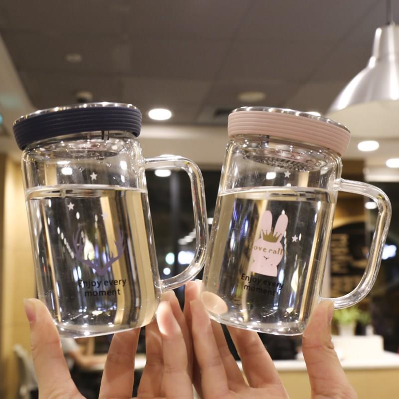 日本简约办公室喝水杯带盖可爱泡茶水杯带过滤网杯子男女士玻璃杯