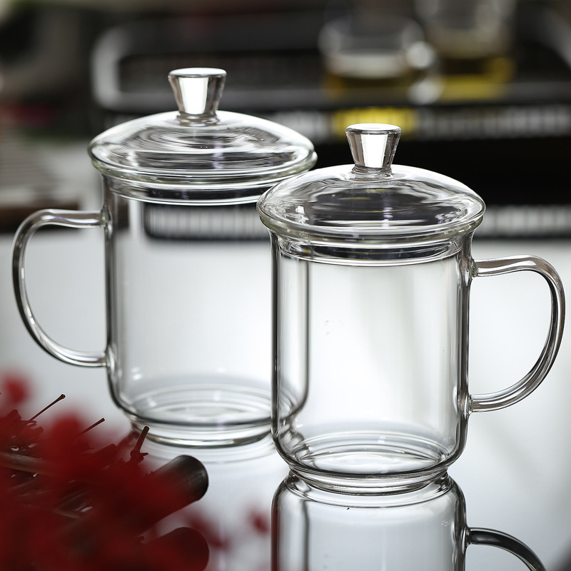 耐热玻璃茶杯办公杯会议杯玻璃杯大容量带杯盖家用水杯绿茶花茶杯