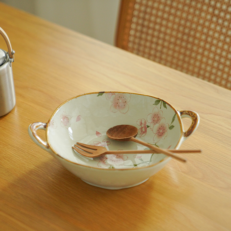 肆月 日式双耳盘 陶瓷复古汤盘家用加深菜盘带把手的餐具深口盘子