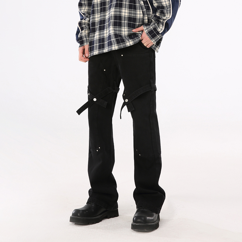 PASET绑带微喇叭修身黑色牛仔裤设计裤子男美式高街设计感长裤