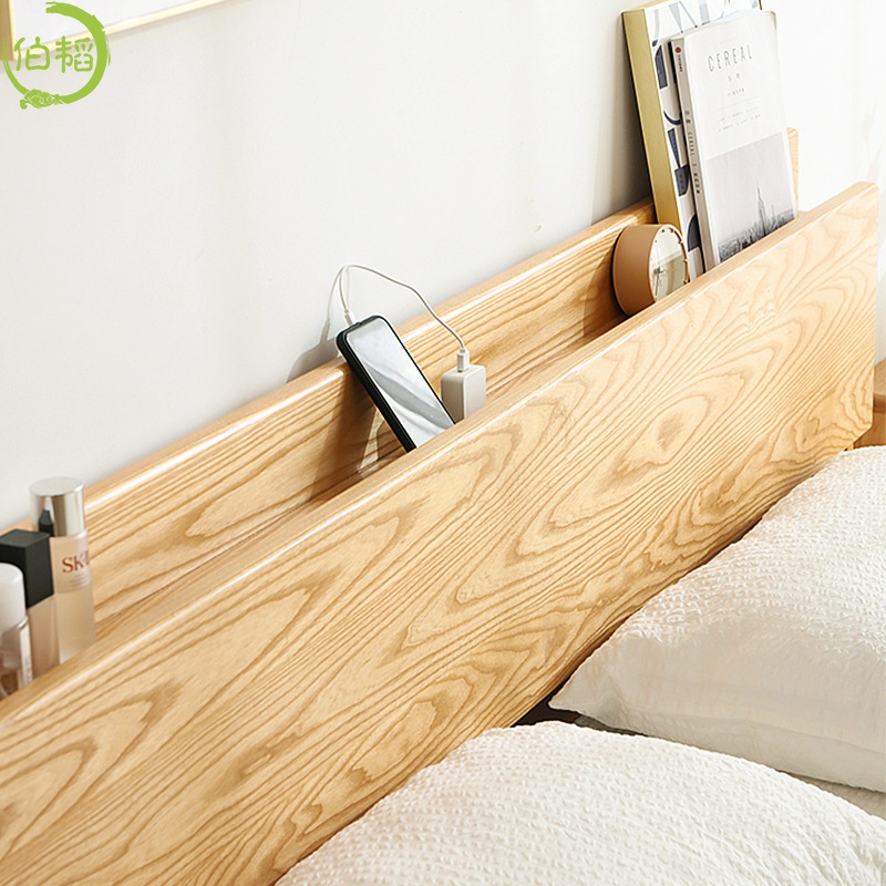 网红实木床现代简约北欧风格单双人床白蜡木箱体床原木色床小户型