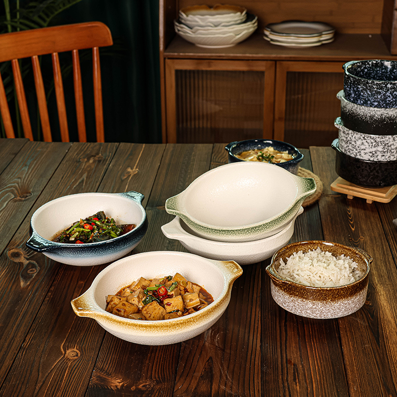 日式高颜值粗陶侘寂风仪式感陶瓷双耳碗一人食单人早餐盘餐具套装