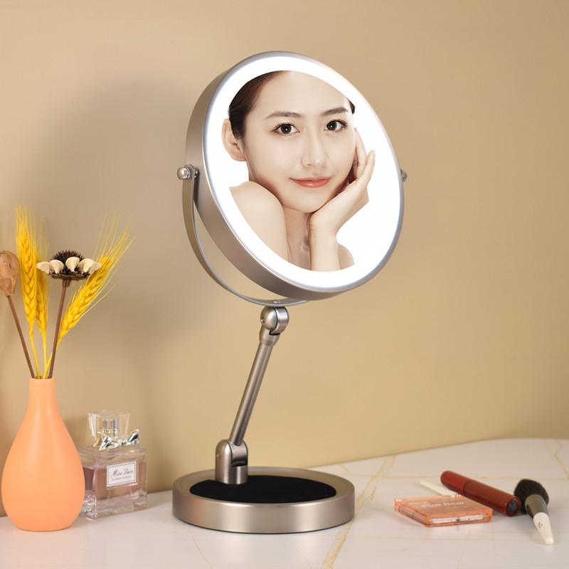化妆镜台式放大桌面折叠家用带灯智能LED灯补光美妆镜 双面镜子