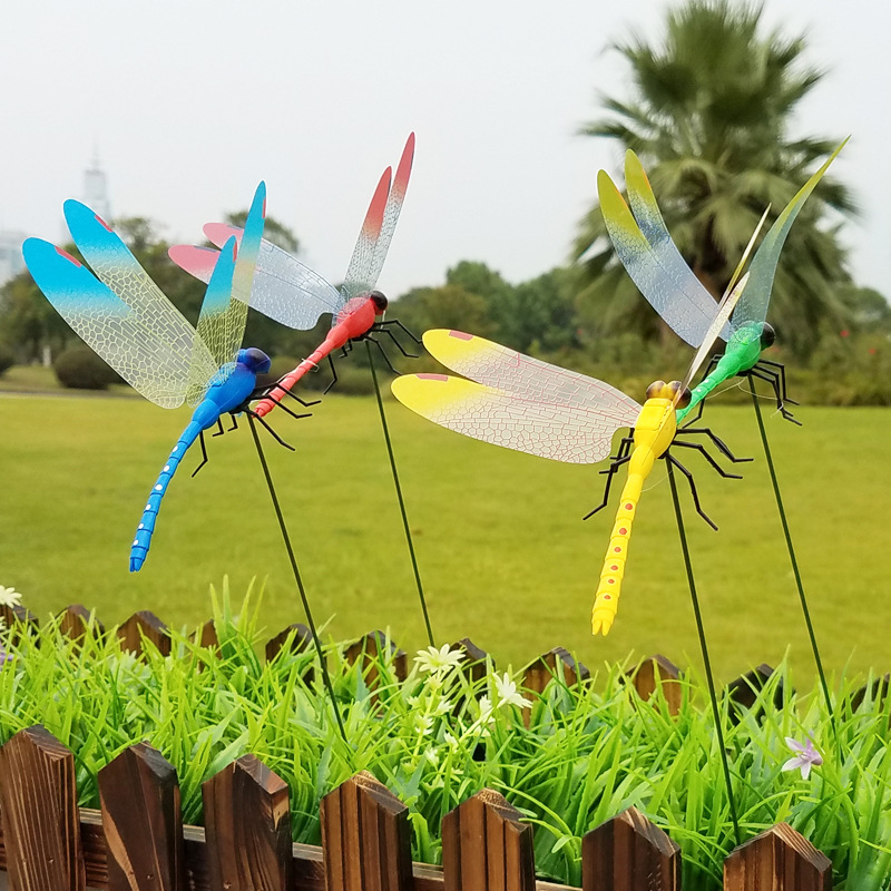 仿真蜻蜓家居装饰3d塑料蜻蜓背景花园花盆园艺装饰彩色插杆蜻蜓