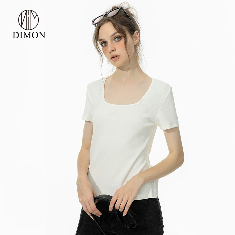 DIMON方程式T恤 法式复古简约坑条方领修身弹力短袖上衣甜酷辣妹