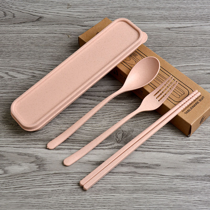 小麦秸秆筷叉勺三件套上班便携餐具套装学生旅行盒装饭勺筷子叉子