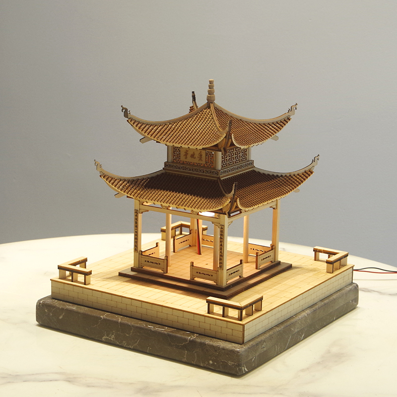 新中式中国风带灯木质手工拼装古建筑模型成品摆件样板房书房玄关