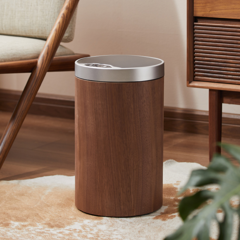 垃圾桶家用带盖智能感应式客厅卧室办公室厕所木质轻奢大号电动