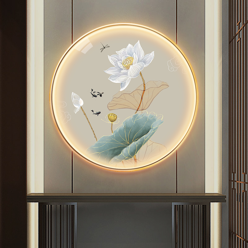 新中式圆形带灯发光LED禅意山水装饰画玄关书房客厅走廊挂画字画