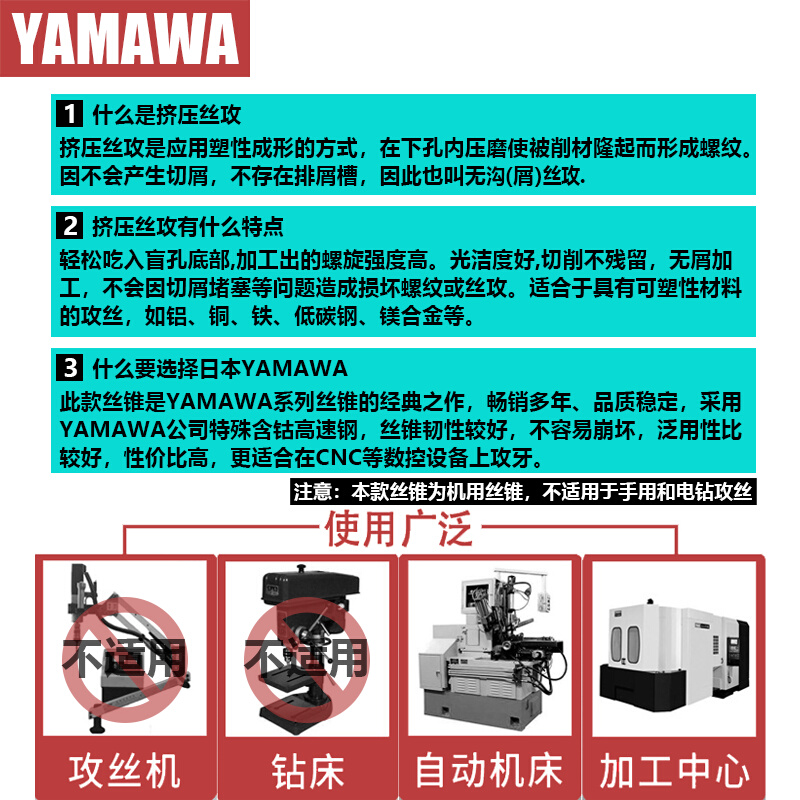 日本进口YAMAWA粉末冶金钢挤压丝锥M234568镀钴无屑挤牙丝攻