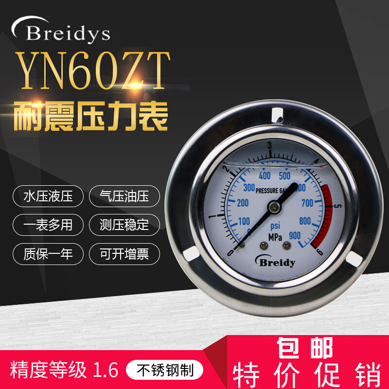 压力表YN60ZT轴向带边耐震压力表油压液压气压水压真空表0-1.6mpa