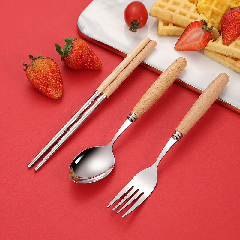纯木柄餐具套装不锈钢便捷式三件套儿童汤勺筷子叉子勺子礼品