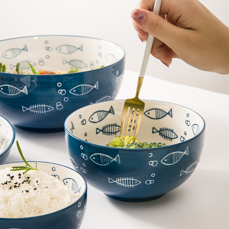 蓝鱼碗盘陶瓷日式泡面碗汤碗饭碗个人专用盘子菜盘家用釉下彩餐具