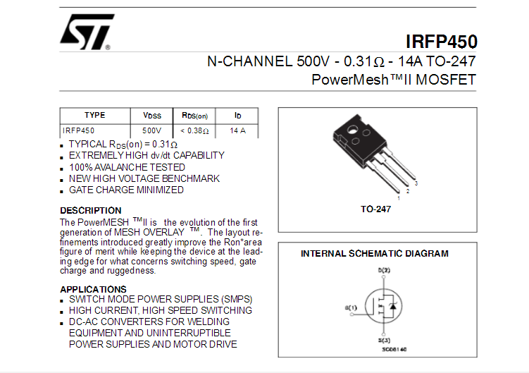 IRFP450A场效应管 氩弧焊机功率管14A500V 逆变焊机逆变器功率管