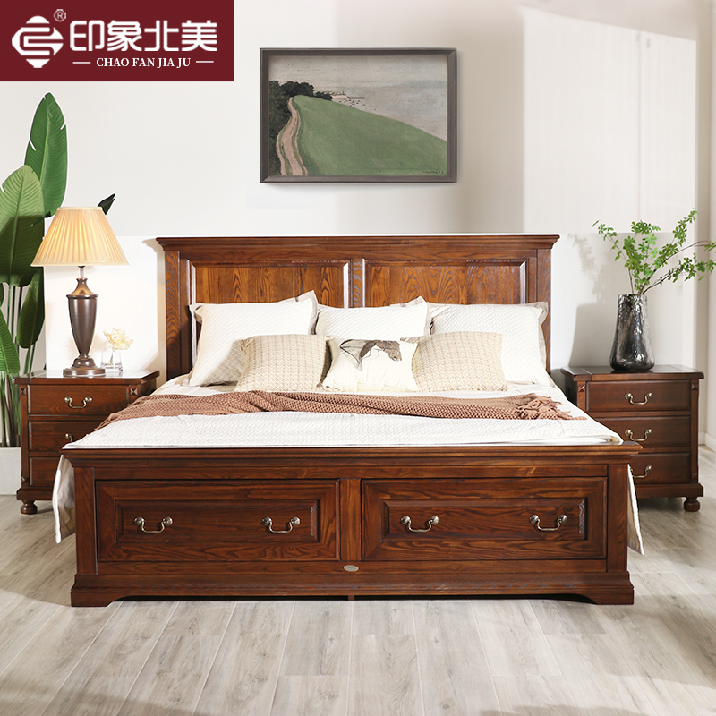 印象北美乡村美式白蜡木1.8米双人高箱床复古简约1.5米主卧箱体床