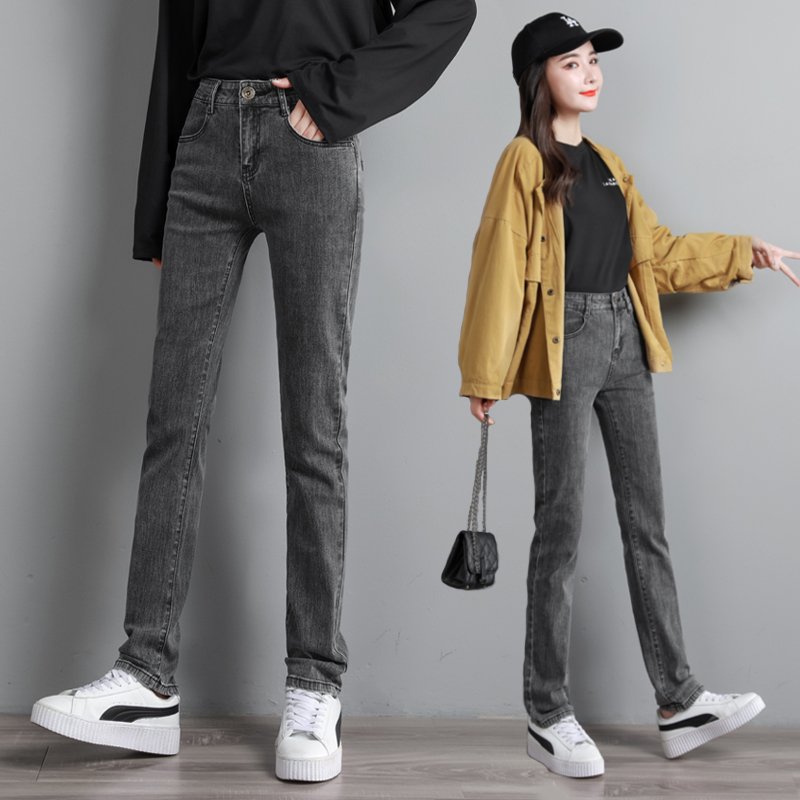 高腰窄版直筒牛仔裤女春秋弹力新款今年流行时尚显瘦修身直筒长裤