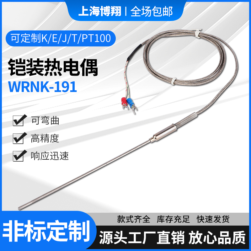 K型铠装热电偶E/J针型WRNK-191测温线PT100温度传感器高精度探头