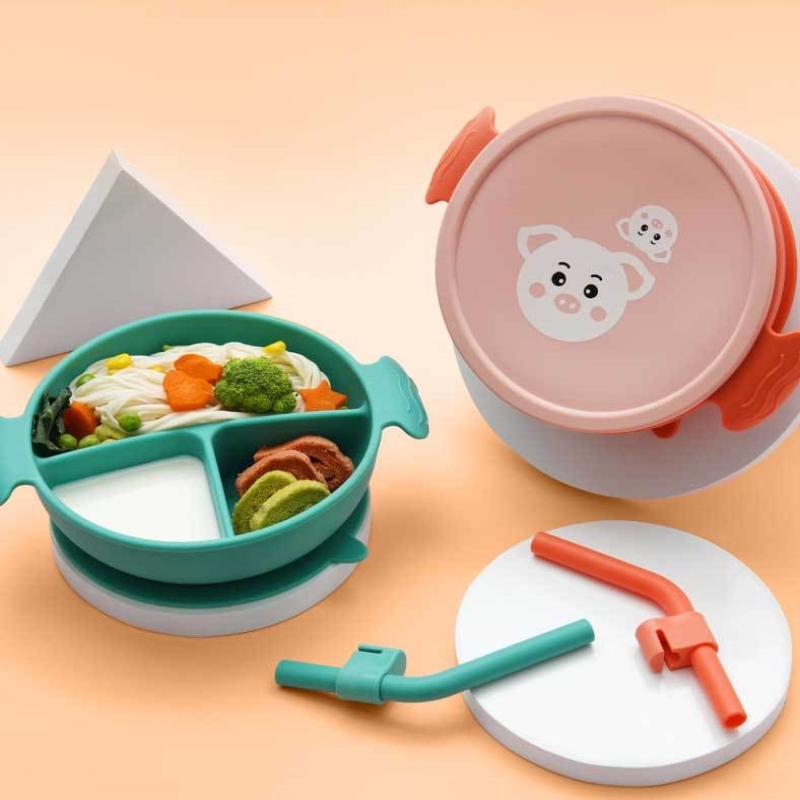 宝宝餐盘婴儿童餐具套装盘碗喝汤吸管碗吸盘式分格盘硅胶辅食碗