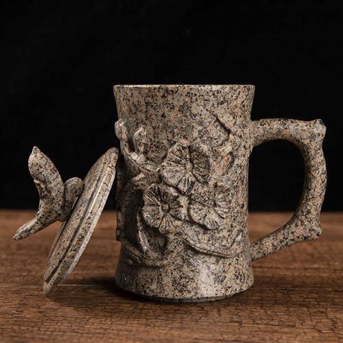 麦饭石杯子家用石雕茶杯浮雕杯摆件茶具男士水杯大容量父亲节礼物
