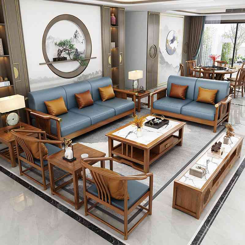新中式家具全套实木沙发组合简约轻奢橡胶木小户型禅意客厅套