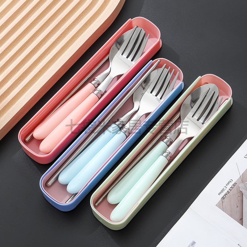 410不锈钢筷子餐具便携式学生上班族三件套勺子叉子收纳盒套装