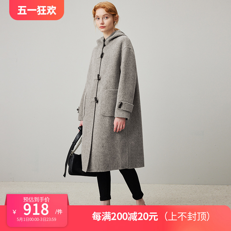 dfvc韩版双面羊绒大衣女2023新款冬季牛角扣连帽长款羊毛呢子外套