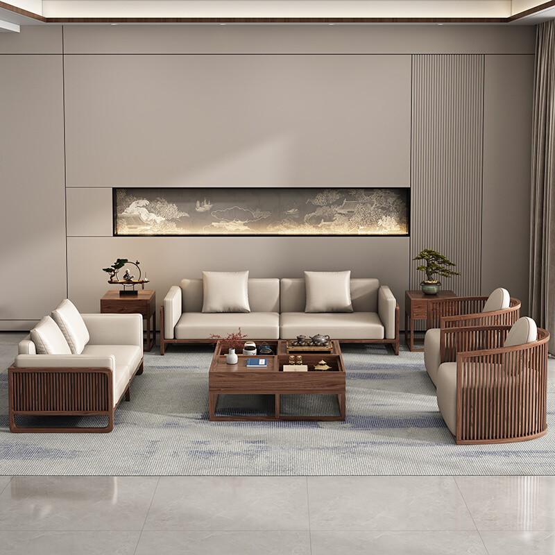 新中式沙发组合客厅别墅大小户型约禅意北美黑胡桃实木家具