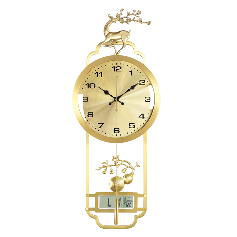 新中式黄铜挂钟客厅钟表装饰时钟万年历表挂墙轻奢福鹿石英钟2089
