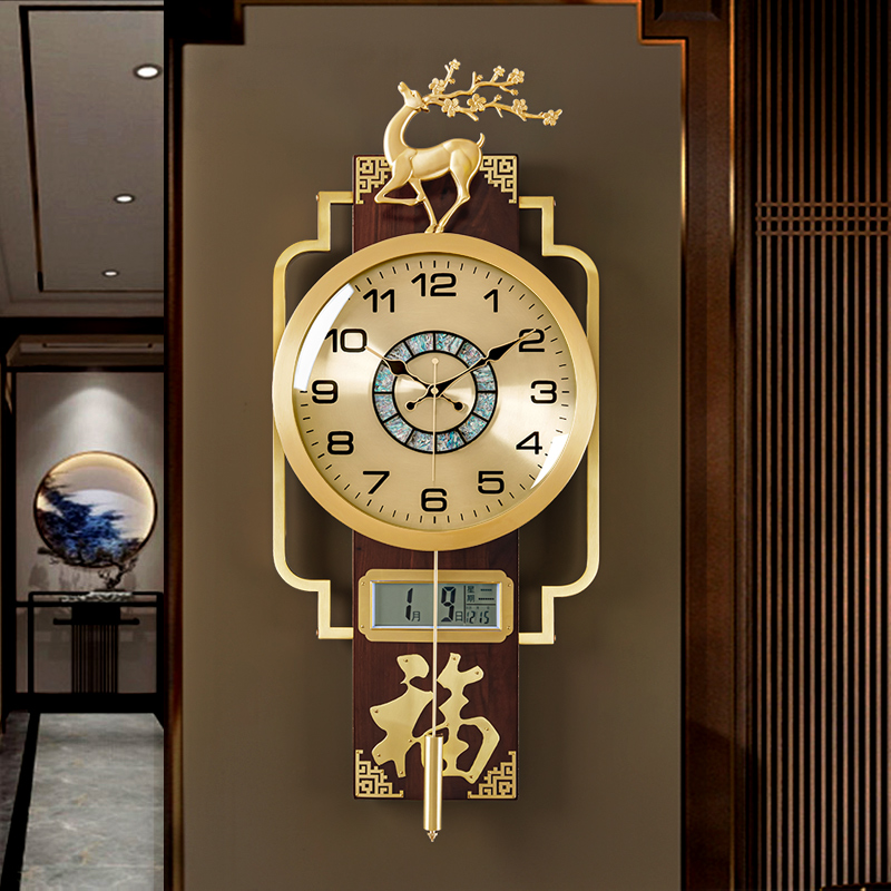新款高端新中式黄铜鈡表中国风装饰挂钟家用高档客厅中式大气钟壁
