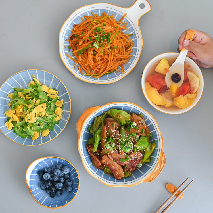 日式蓝色石纹餐具套7.5寸深菜盘碗家用饭碗鱼盘单柄盘子面碗