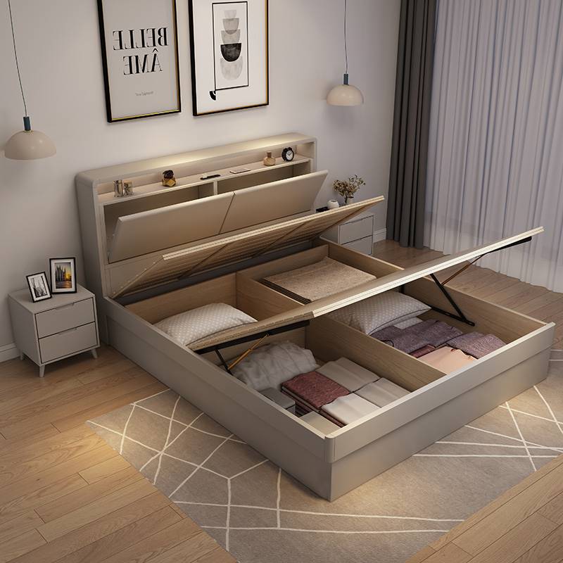 全实木床主卧现代简约1.8米双人床高箱储物落地床1.5米气压箱体