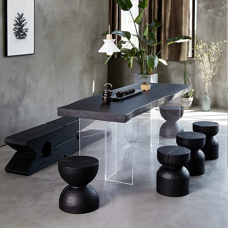 侘寂风碳化黑色原木大板桌禅意亚克力悬浮餐桌工作台实木泡茶桌子