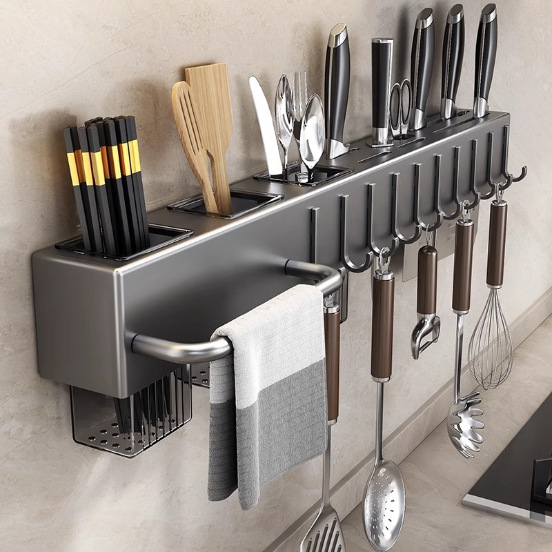 刀架壁挂式免打孔厨房用品多功能菜刀置物架刀具筷子筒一体收纳架