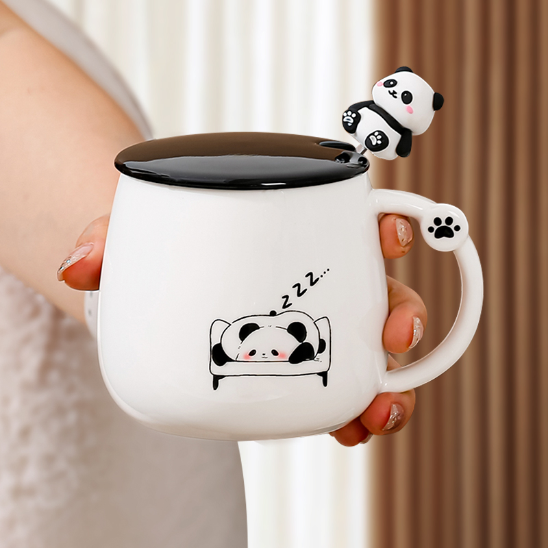 熊猫陶瓷马克杯喝水杯子家用带盖勺女生情侣办公室可爱创意高颜值