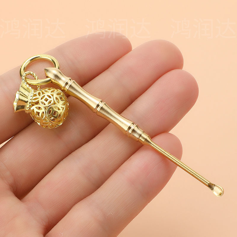 纯铜牙签耳勺黄铜一体双头双用多功能便携水果签剔牙神器钥匙挂件