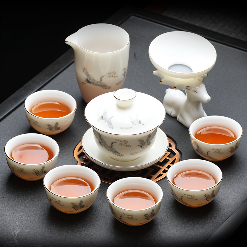 羊脂玉茶具玻璃功夫红茶高档套装不烫手盖碗泡茶白瓷家用送礼茶杯