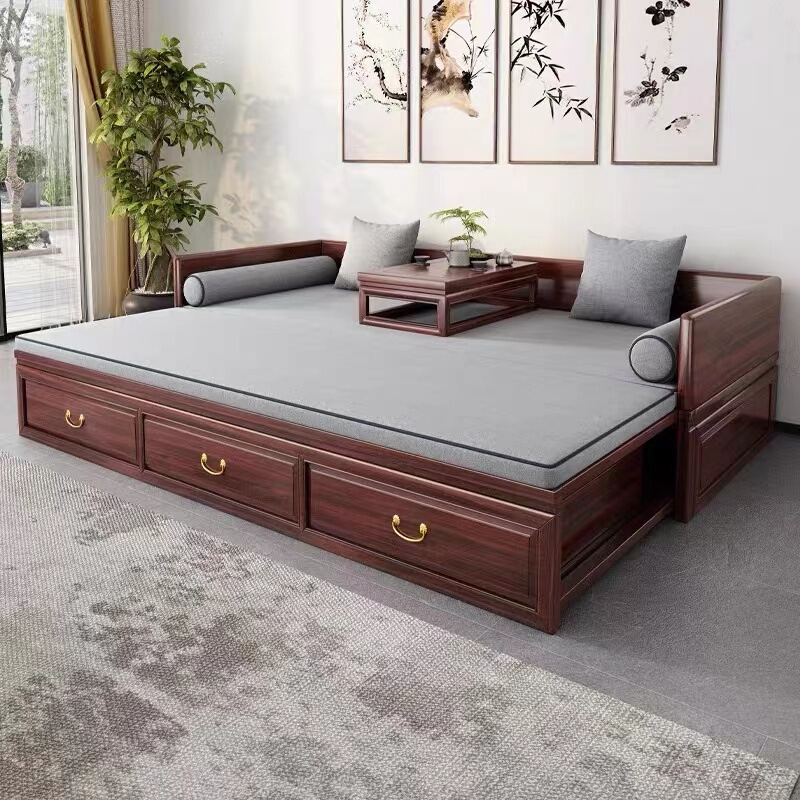 乌金木全实木罗汉床推拉床新中式组合伸缩折叠抽拉床带抽屉沙发床