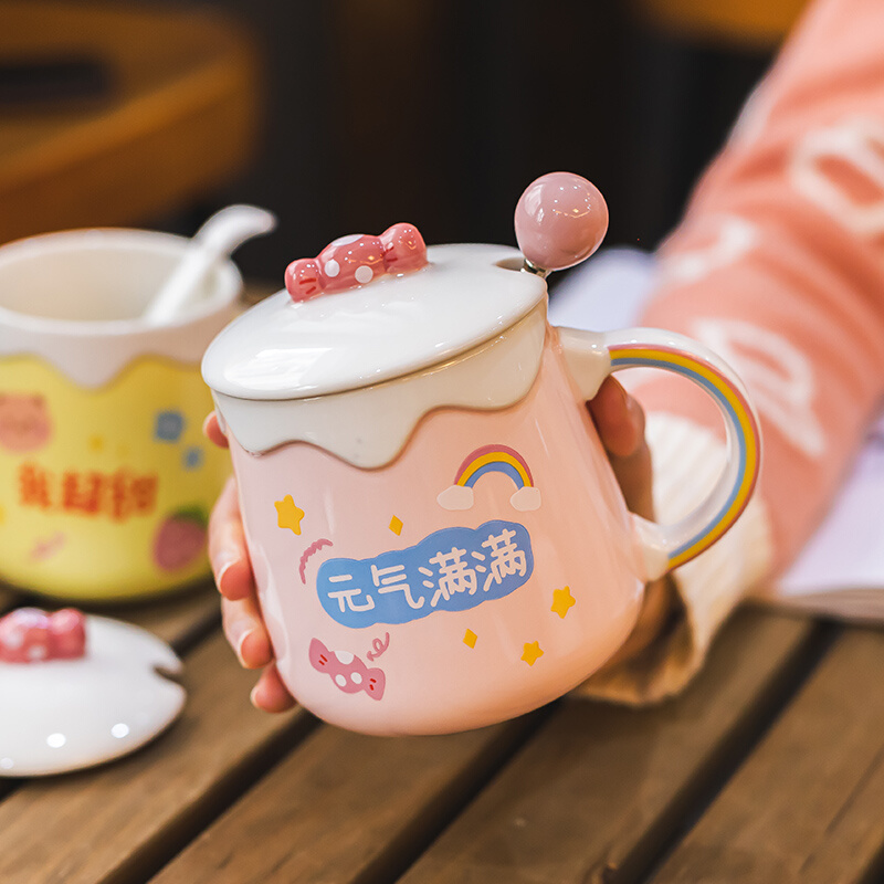 粉色少女生陶瓷马克杯可爱办公室吸管水杯子家用早餐燕麦杯带盖勺