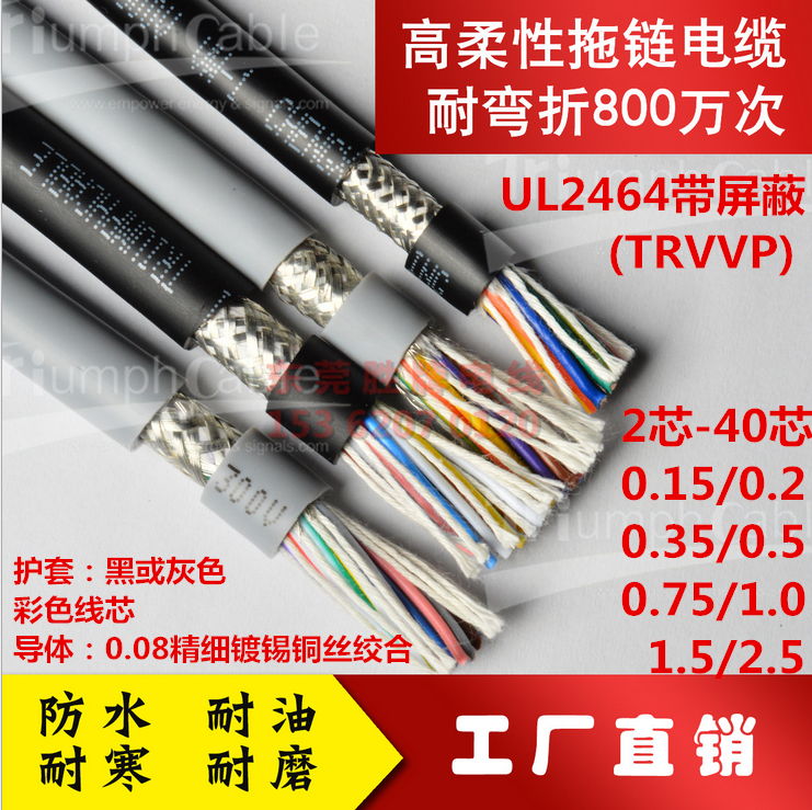 高柔屏蔽线拖链电缆TRVVP23456789芯X1.5平方16AWG镀锡铜芯电源线