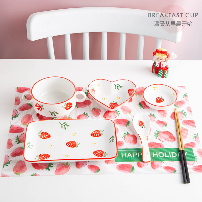 陶趣多 原创手绘草莓一人食餐具家用早餐盘北欧创意陶瓷碗盘套装