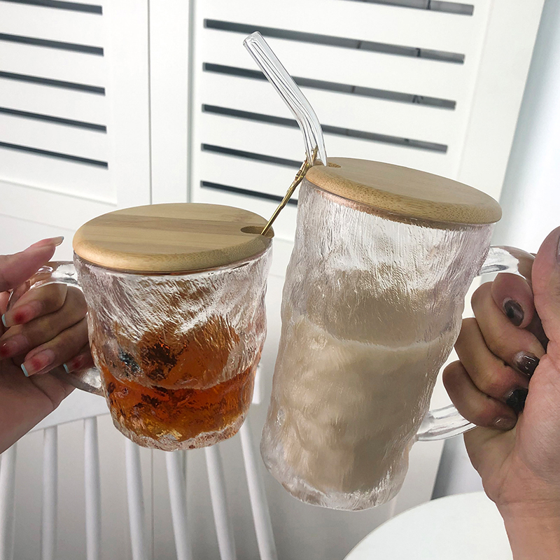 ins风带把手带盖带勺子 冰川纹玻璃杯高级感杯子女牛奶咖啡早餐杯