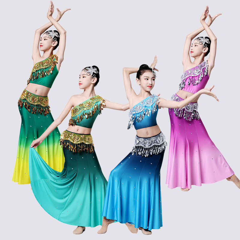 新款儿童傣族舞蹈演出服女童少儿鱼尾裙孔雀舞演出服装民族表演服